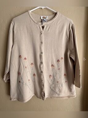 Talbots Vintage Beige Floral Embroidered Button Cardigan Set ~ Women’s XL
